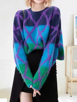 Женский свитер в стиле бохо, украшенный бриллиантами, свитер с длинным рукавом, пуловер с блокировкой цвета, осенне-зимний укороченный свитер, женский