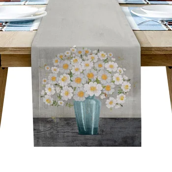 Текстура масляной живописи, настольная дорожка с цветами Белой розы, Свадебное украшение, декор домашнего обеденного стола, настольная дорожка из хлопка и льна