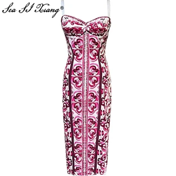 Модное дизайнерское летнее шелковое платье-карандаш Seasixiang, женское платье на бретельках с цветочным принтом, элегантная праздничная упаковка, платья для ягодиц