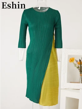 Женское плиссированное платье Eshin неправильной формы с круглым вырезом, платья с цветными блоками, женская элегантная одежда 2023 Лето TH2187