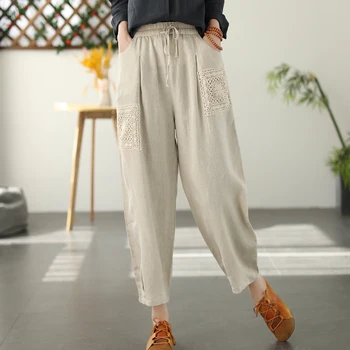 2023 Летние Новые винтажные хлопчатобумажные и льняные брюки Haren, женские свободные облегающие повседневные брюки-редиски длиной до щиколоток, уличная одежда для женщин