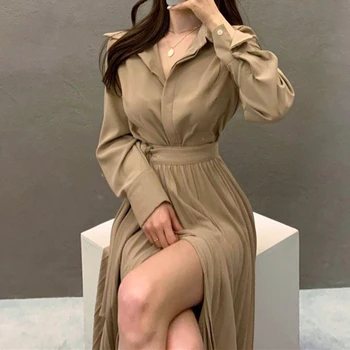 Корейское однотонное женское плиссированное платье-рубашка, элегантное вечернее платье с длинным рукавом и высокой талией, весенние сексуальные осенние платья макси 2022 для женщин