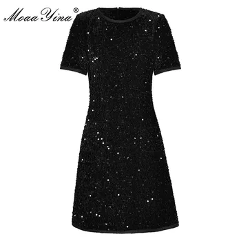 Модное дизайнерское платье MoaaYina, летнее женское платье с коротким рукавом, черные мини-платья с пайетками, винтажные праздничные мини-платья для отпуска
