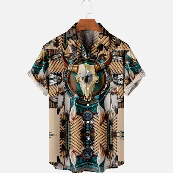 Мужские модные летние футболки с 3D-принтом, гавайские индейцы, уютные повседневные рубашки на одной пуговице, пляжные рубашки оверсайз с коротким рукавом