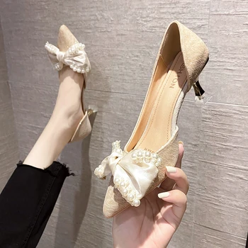 Горячая распродажа 2023 года, Новые женские туфли на высоком каблуке с бантиком-бабочкой, Элегантные вечерние туфли-лодочки с острым носком без застежки, Женская обувь Zapatillas Mujer