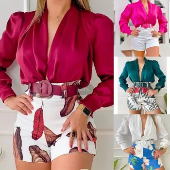 Новый женский модный Уличный комплект из двух предметов 2023 года, однотонный топ-рубашка с V-образным вырезом и длинными рукавами + Шорты с принтом, Приталенный костюм - с поясом