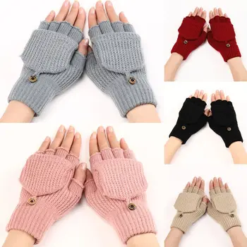 Утолщенные Однотонные осенне-зимние перчатки с сенсорным экраном с открытыми пальцами, теплые перчатки, перчатки на полпальца, Вязаные варежки