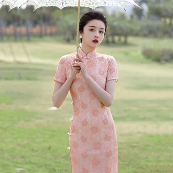 2023 Летнее композитное кружевное Макси-Чонсам, Сладкое повседневное платье в современном китайском стиле, свадебное вечернее банкетное платье Qipao для женщин