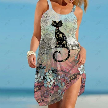 Свободные пляжные платья-жилетки с кошачьим принтом для женщин, сексуальное летнее повседневное платье-майка без спинки большого размера, сарафан без рукавов большого размера