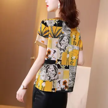 Летняя женская одежда, стильная шифоновая футболка с V-образным вырезом и принтом 2023, Элегантные женские топы с короткими рукавами, расшитые бисером в винтажном стиле.