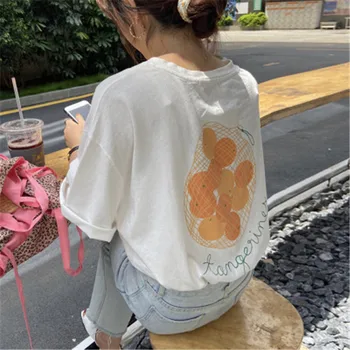 INS Супер Горячая футболка с оранжевым принтом и коротким рукавом, женская летняя новинка 2023, свободная Повседневная белая рубашка