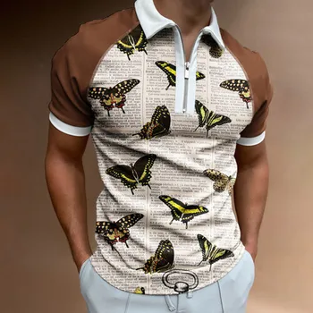 2023 Polo Новая высококачественная рубашка поло в полоску для мужчин, повседневные рубашки поло с коротким рукавом, лоскутная футболка с отложным воротником на молнии
