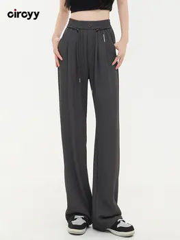 Женские брюки с высокой талией, эластичный пояс, шнуровка, широкие повседневные офисные женские брюки 2023, Новая Весенняя мода, Черный цвет