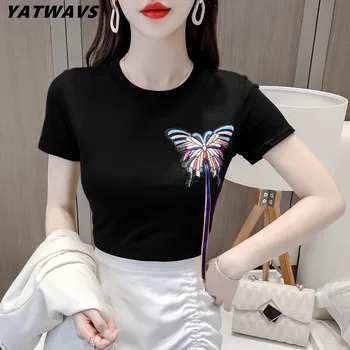 Новая летняя модная футболка с объемными аппликациями в виде бабочек, высококачественные женские топы с коротким рукавом, хлопковые футболки Sweet Girl