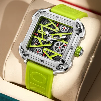 Роскошные мужские спортивные часы ONOLA Fashion Green с каучуковым ремешком, квадратные часы, водонепроницаемые наручные часы с автоматической механикой 2023