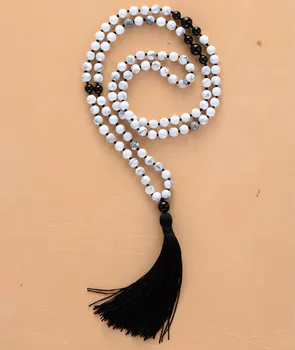Натуральный Хаулитовый Черный Оникс Ожерелье с длинной кисточкой 108 бусин Ожерелье с кисточками Мала Женское ожерелье для Йоги Прямая поставка