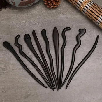 Традиционные Деревянные черные палочки для волос, Шпильки в китайском стиле, Резная Деревянная вилка для волос, Винтажные головные уборы для женщин, ювелирные изделия