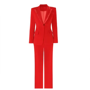 Женские костюмы, офисные комплекты, красный бархатный приталенный блейзер с брюками, Элегантная модная женская одежда для работы, профессиональная новинка