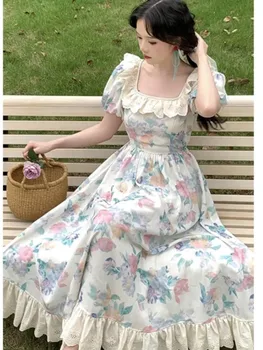 Летнее Романтическое Французское платье с винтажными оборками и пышными рукавами, женское праздничное платье с цветочным принтом и квадратным воротником, женское платье в стиле пэчворк
