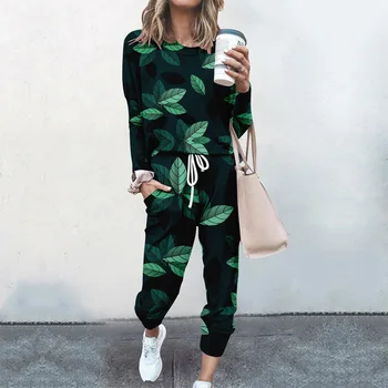 Женские Свободные Зеленые свитшоты с принтом, комплекты, Весенний пуловер + брюки с эластичной резинкой на талии, повседневная уличная одежда