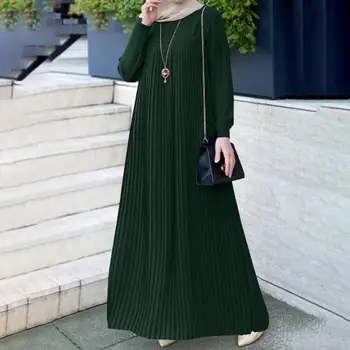 Модные Женские плиссированные мусульманские платья 2023 Весна Осень Кафтан Макси Vestidos с длинным рукавом Повседневный Однотонный Свободный праздничный халат