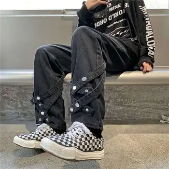 Американский стиль high street ins новый ремень хип-хоп джинсы прямые брюки tide брендовые свободные широкие мужские