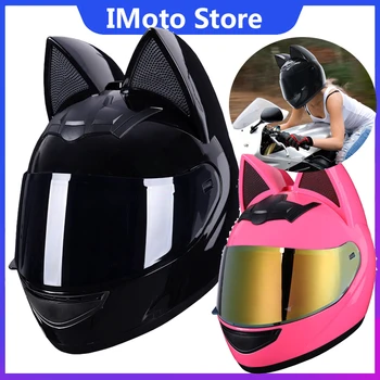 Мотоциклетный шлем для косплея с милыми кошачьими ушками, съемный в горошек, одобренный для мотокросса для женщин и мужчин, полнолицевой Дышащий Capacete