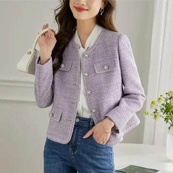 2023 Новая женская короткая куртка из тонкого твида, весеннее элегантное винтажное шерстяное пальто, повседневная Корейская верхняя одежда с длинным рукавом, женская G2664