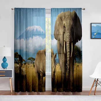 Африканские дикие животные, слон и носорог, тюлевые занавески для гостиной, шифоновая прозрачная вуаль, занавеска для кухни и спальни