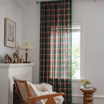 Хлопчатобумажная льняная занавеска на окно, зеленая клетчатая вязаная занавеска, плотные шторы с кисточками, занавески для гостиной