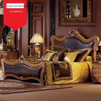 Изготовленная на заказ европейская кожаная кровать из цельного дерева, окрашенная золотом, двуспальная вилла, высококачественная кровать принцессы, бытовая качественная резьба