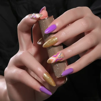 Набор накладных ногтей YIKOOLIN с золотым блеском и миндалем, Накладные ногти очаровательного фиолетового цвета, Многоразовые Клейкие накладные ногти, средства для маникюра