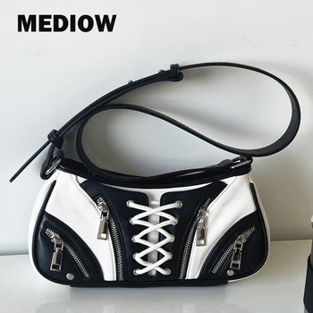 Повседневная сумка MEDIOW Для женщин, роскошные дизайнерские сумки 2023 года, новинка из искусственной сетки, шнуровка, молния, Контрастный цвет, Украшающий сумки подмышками