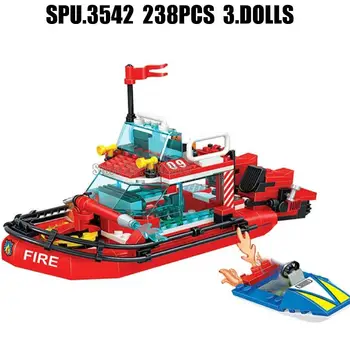 7022 238шт Городской пожарно-спасательный катер для тушения пожара на лодке 3 Куклы Мальчик Строительные блоки Игрушка