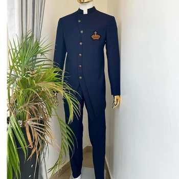 Мужские костюмы сафари с воротником-стойкой, трехслойный официальный пиджак, брюки из 2 частей, изготовленный на заказ свадебный смокинг, африканский костюм жениха 2023 г.