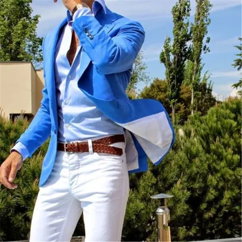 2023 Новый летний стиль Королевское синее пальто Белые мужские костюмы 2 шт. (куртка + брюки) Костюм Жениха-блейзер для жениха Homme