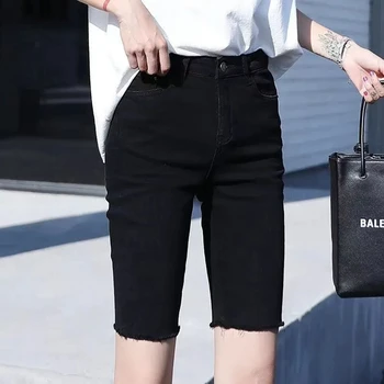 Женские джинсовые шорты с высокой талией, женские короткие брюки с дырочками, Черные джинсовые шорты-стрейч, облегающие.