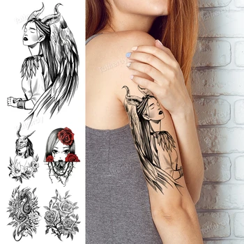 Временные татуировки лицо девушки эскиз крыла ангела цветы татуировка черной хной боди-арт татуировки на бедрах, руках и рукавах водонепроницаемый перенос
