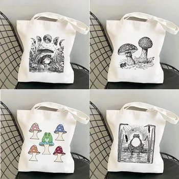 Женская хозяйственная сумка в стиле харадзюку с принтом лягушки, гриба и Луны, холщовая хозяйственная сумка для покупок в стиле Харадзюку, женская сумка для девочек, женская сумка