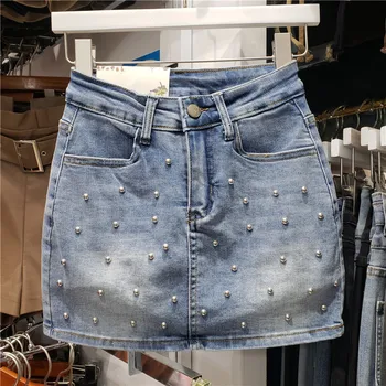 LXUNYI 2023 Весна Лето, Джинсовая женская юбка с высокой талией, расшитая бисером, Тонкая Сексуальная юбка-карандаш, жемчужные Короткие джинсовые юбки
