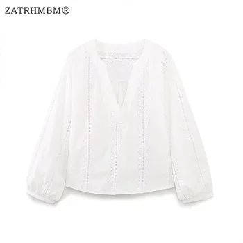 Женская весенняя модная белая блузка с вышивкой и вырезом 2023, винтажные женские рубашки с V-образным вырезом и длинным рукавом, шикарные топы Blusas
