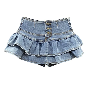 2023 Однобортная джинсовая юбка с оборками в стиле Харадзюку, Джинсовая юбка для девочек, Женская летняя сексуальная Джинсовая юбка Y2K для студентов, Плиссированная юбка Kawaii