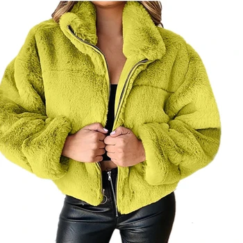 Осенне-зимние пушистые однотонные теплые куртки Повседневная женская верхняя одежда кардиган на молнии из искусственного меха плюшевое теплое пальто Manteau Femme Hiver