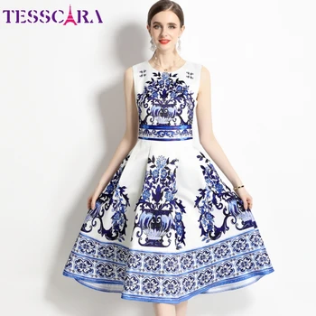 Женское летнее Новое Элегантное Синее платье TESSCARA, высококачественное Длинное коктейльное вечернее платье, винтажное дизайнерское платье А-силуэта без рукавов, Vestidos