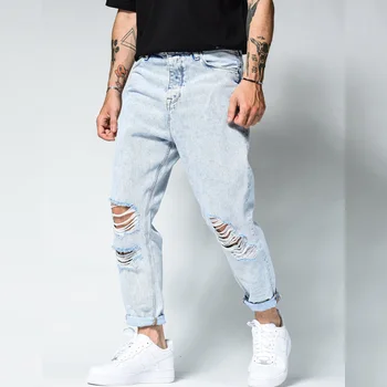 Модные уличные мужские джинсы, светло-голубые дизайнерские джинсы, мужские брюки-карандаш, облегающие джинсы в стиле хип-хоп, эластичные брюки