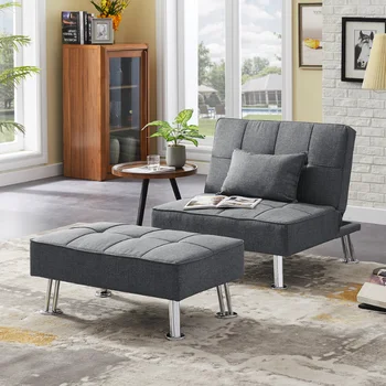Современный тканевый односпальный диван-кровать с пуфиком \ Раскладное кресло-футон-трансформер\  Комплект шезлонгов на металлических ножках.