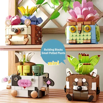 Творческая игрушка для сборки для детей Букет из сочных растений в горшке, мультяшное животное, Цветочный горшок, 3D модель, строительный блок, кирпичи